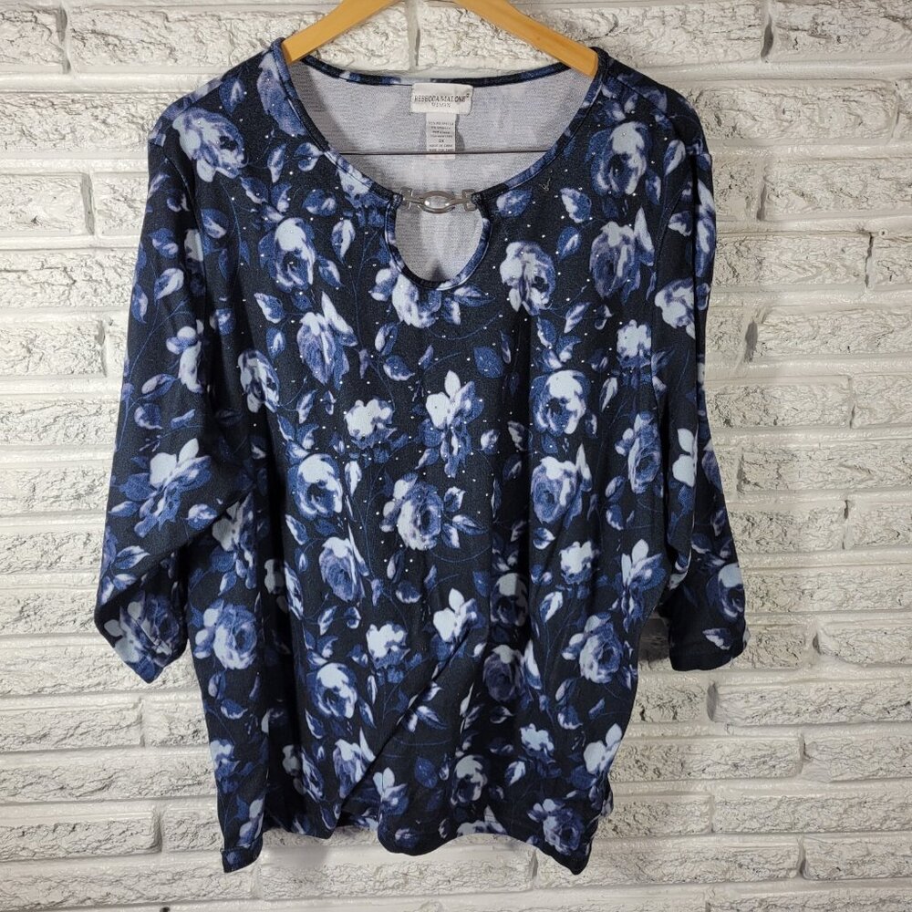 Rebecca‎ Malone Women Top 3X Plus Tunic 3/4 Sleeve Blue Roses Keyhole FLO347E